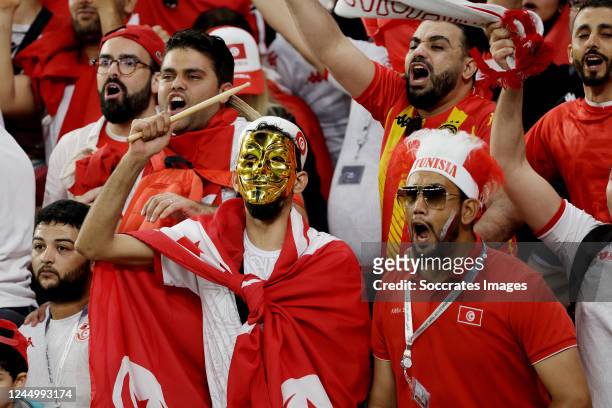 Supporters of Tunisia during the World Cup match between Denmark v Tunisia at the Education City Stadium on November 22, 2022 in Al Rayyan Qatar