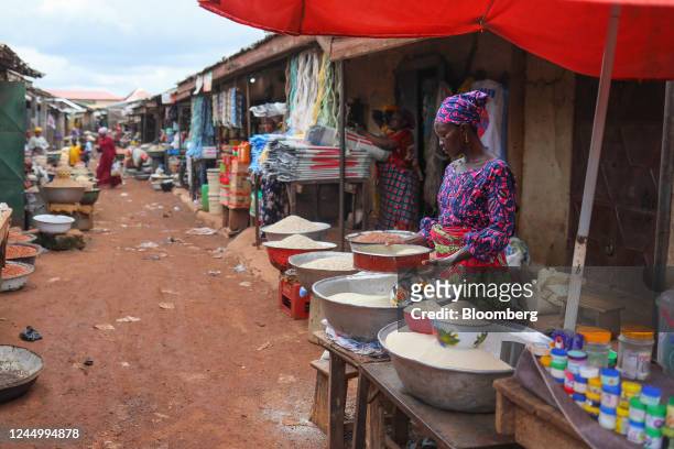 Vendor sorts grains for sale at a market in Tamale, Ghana, on Monday, Sept. 5, 2022. Fonio, a healthy and drought-resilient grain native to West...