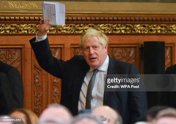 Former British Prime Minister Boris Johnson gestures during a state visit of South African President Cyril Ramaphosa at the Houses of Parliament on...