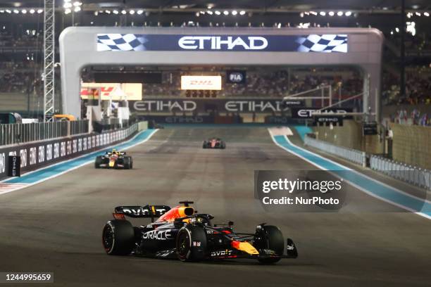 Max Verstappen of Oracle Red Bull Racing leads during Formula 1 Abu Dhabi Grand Prix 2022 race at Yas Marina Circuit on November 20, 2022 in Abu...