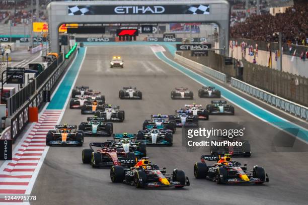 Start of Formula 1 Abu Dhabi Grand Prix 2022 race at Yas Marina Circuit on November 20, 2022 in Abu Dhabi, United Arab Emirates.