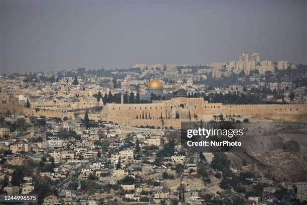 Picture taken on November 22, 2022 from Jabel Mukaber, a Palestinian neighbourhood in Israeli-occupied East Jerusalem shows Al-Aqsa Mosque, the Dome...