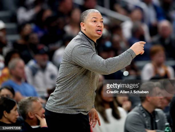Los Angeles, CA Clippers head coach Tyronn Lue coaches the team during a game with the Utah Jazz at Crypto.Com Arena in Los Angeles Monday, Nov. 21,...