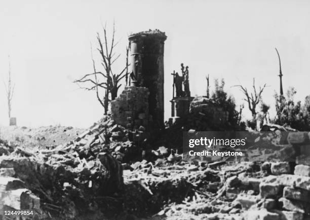 Ruined church on the Volkhov Front after heavy fighting between German and Soviet forces during the Siege of Leningrad, former Soviet Union, circa...