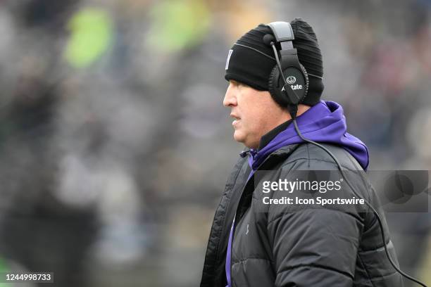 Northwestern Wildcats head coach Pat Fitzgerald looks on during the college football game between the Northwestern Wildcats and the Purdue...