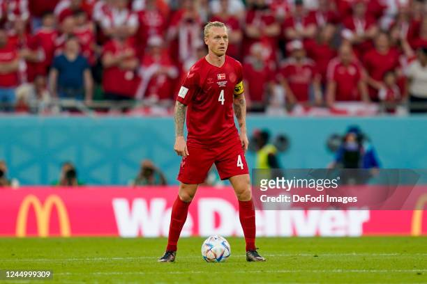 Simon Kjaer of Denmark controls the ball during the FIFA World Cup Qatar 2022 Group D match between Denmark and Tunisia at Education City Stadium on...