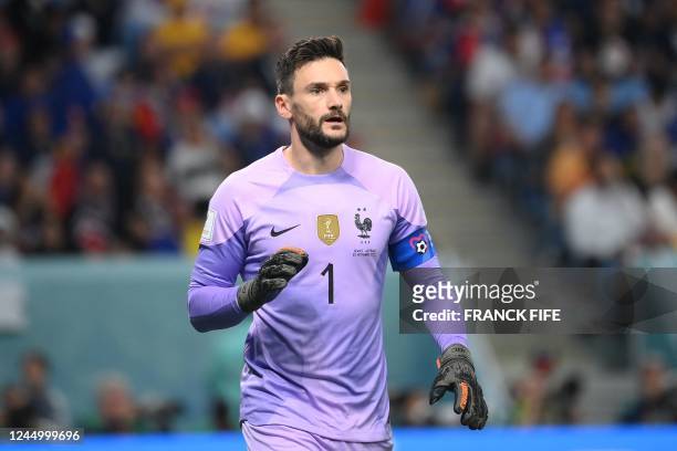 France's goalkeeper Hugo Lloris reacts during the Qatar 2022 World Cup Group D football match between France and Australia at the Al-Janoub Stadium...