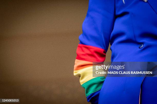 Former danish prime Minister Helle Thorning-Schmidt wears a rainbow coloured sleeves on her outfit during the Qatar 2022 World Cup Group D football...