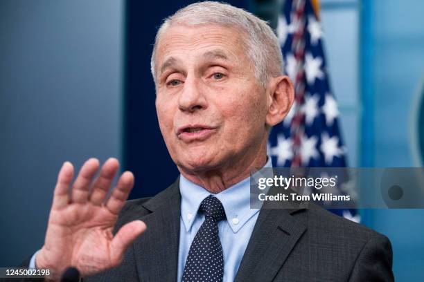 Dr. Anthony Fauci, director of the National Institute of Allergy and Infectious Diseases, speaks about the coronavirus during the White House press...