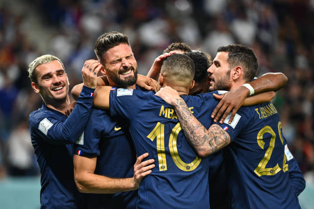 Olivier GIROUD of France celebrates his goal with Antoine GRIEZMANN of France, Kylian MBAPPE of France and Theo HERNANDEZ of France during the FIFA...