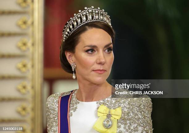 Britain's Catherine, Princess of Wales attends a State Banquet at Buckingham Palace in London on November 22 at the start of the President's of South...