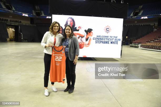 Stephanie White and Jennifer Rizzotti poses for a photo during a press conference announcing White as the new head coach of the Connecticut Sun on...