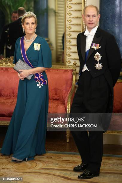 Britain's Sophie, Countess of Wessex and Britain's Prince Edward, Earl of Wessex during a State Banquet at Buckingham Palace in London on November 22...