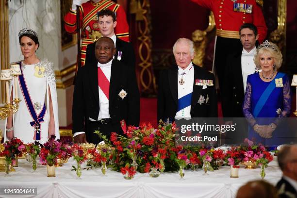 Catherine, Princess of Wales, President Cyril Ramaphosa of South Africa, King Charles III and Camilla, Queen Consort during the State Banquet at...