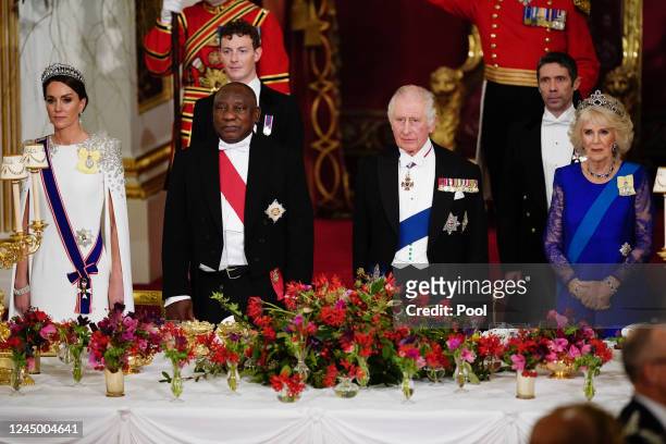 Catherine, Princess of Wales, President Cyril Ramaphosa of South Africa, King Charles III and Camilla, Queen Consort during the State Banquet at...
