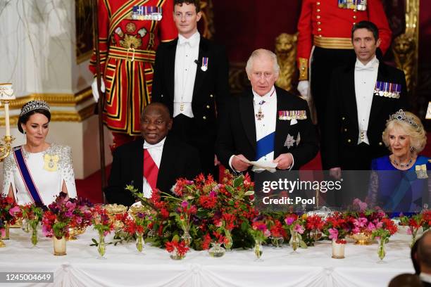 Catherine, Princess of Wales, President Cyril Ramaphosa of South Africa, King Charles III and Camilla, Queen Consort during the State Banquet at...