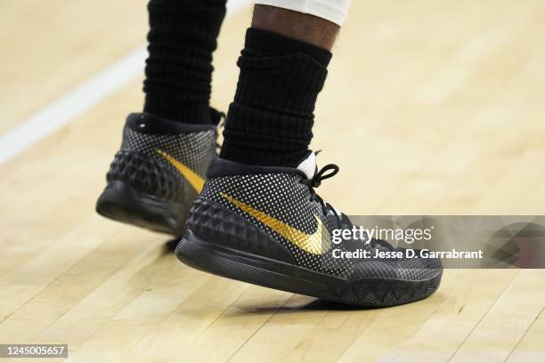 The sneakers worn by Kyrie Irving of the Brooklyn Nets before the game against the Philadelphia 76ers on November 22, 2022 at the Wells Fargo Center...