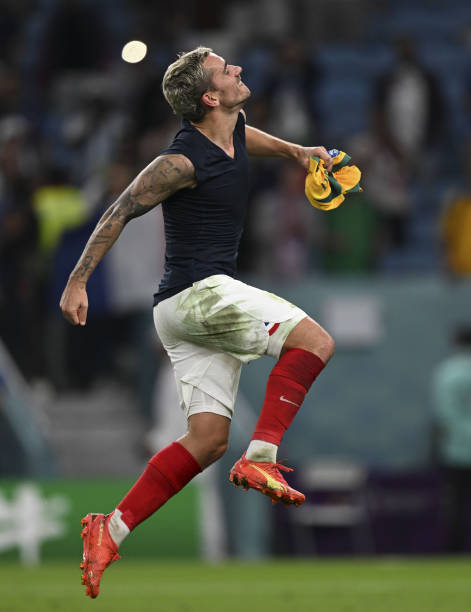 Antoine Griezmann of France celebrates after the FIFA World Cup 2022 Group D match between France and Australia at Al Janoub Stadium in Al Wakrah,...