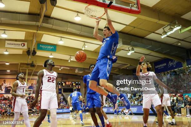 Ryan Kalkbrenner of the Creighton Bluejays dunks the ball in the first half of the game against the Arkansas Razorbacks during the Maui Invitational...