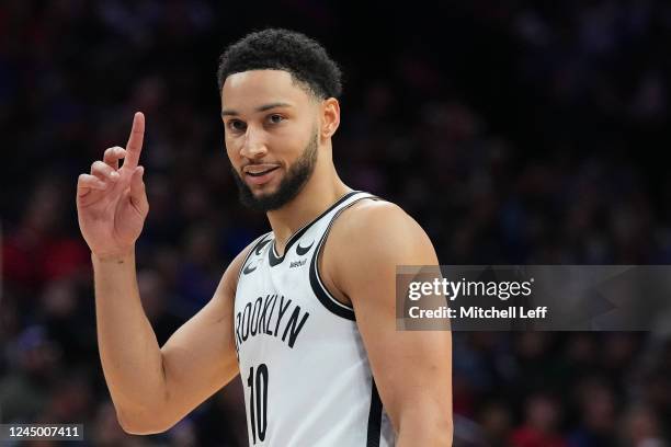 Ben Simmons of the Brooklyn Nets reacts during the game against the Philadelphia 76ers in the second quarter at the Wells Fargo Center on November...