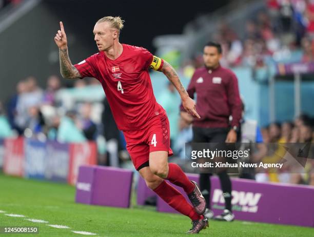 Simon Kjaer of Denmark reacts during the Group D match between Denmark and Tunisia at the 2022 FIFA World Cup at Education City Stadium in Al Rayyan,...