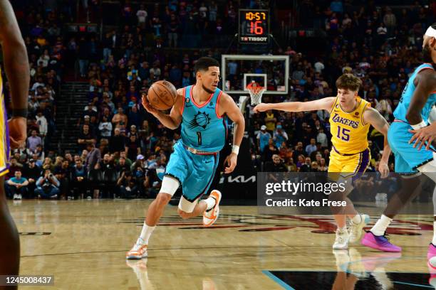 Devin Booker of the Phoenix Suns handles the ball during the game against the Los Angeles Lakers on November 22, 2022 at Footprint Center in Phoenix,...