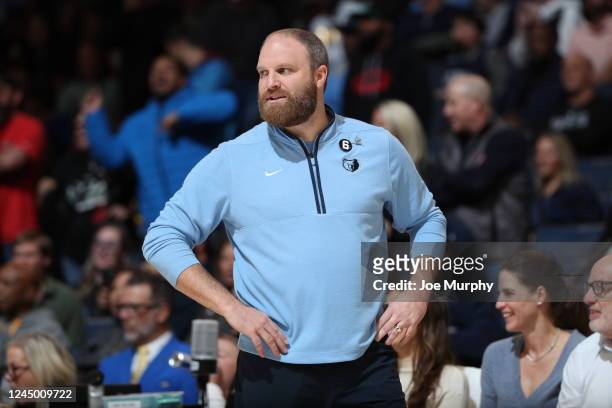 Head Coach Taylor Jenkins of the Memphis Grizzlies looks on during the game against the Sacramento Kings on November 22, 2022 at FedExForum in...