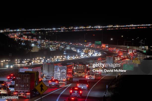 Pre-holiday traffic moves slowly on the Interstate 15 freeway through Cajon Pass, the primary route between Los Angeles and Las Vegas, on November...