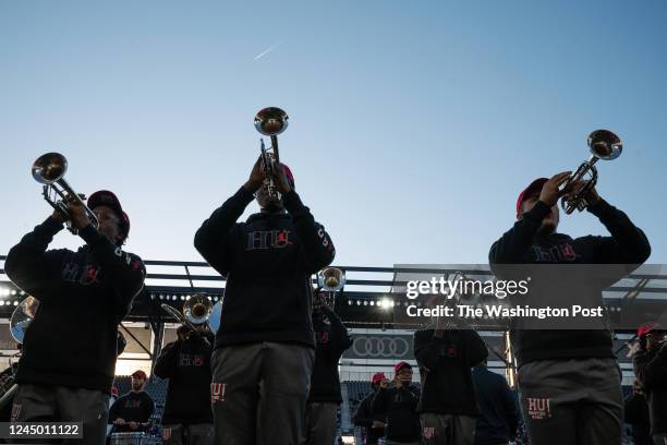 The Howard University band performs at halftime during the Howard-Harvard University football game at Audi Field in Washington, DC on October 15,...