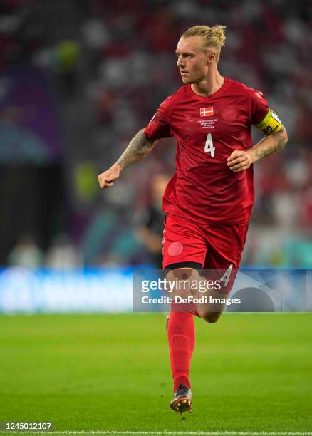 Simon Kjaer of Denmark looks on during the FIFA World Cup Qatar 2022 Group D match between Denmark and Tunisia at Education City Stadium on November...