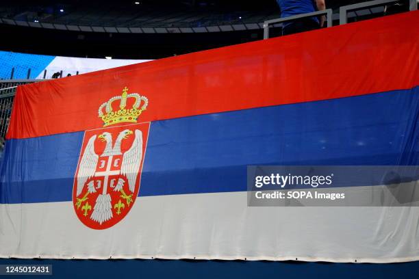 Flag of Serbia seen during the Friendly football match, battle of champions between Zenit Saint Petersburg and Crvena Zvezda Belgrade at Gazprom...