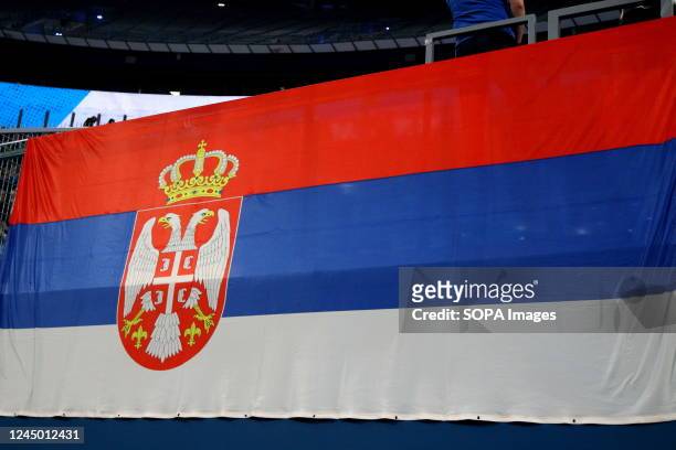 Flag of Serbia seen during the Friendly football match, battle of champions between Zenit Saint Petersburg and Crvena Zvezda Belgrade at Gazprom...