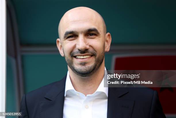 Walid Regragui, Head Coach of Morocco, looks on prior to the FIFA World Cup Qatar 2022 Group F match between Morocco and Croatia at Al Bayt Stadium...