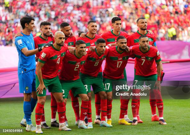 Players of Morocco pose for a team photo ahead of the FIFA World Cup Qatar 2022 Group F match between Morocco and Croatia at Al Bayt Stadium in Al...