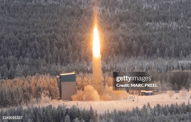 Picture taken on November 23, 2022 shows the launch of the "SubOrbital Express 3" suborbital rocket from the Esrange Space Center in Jukkasjärvi,...