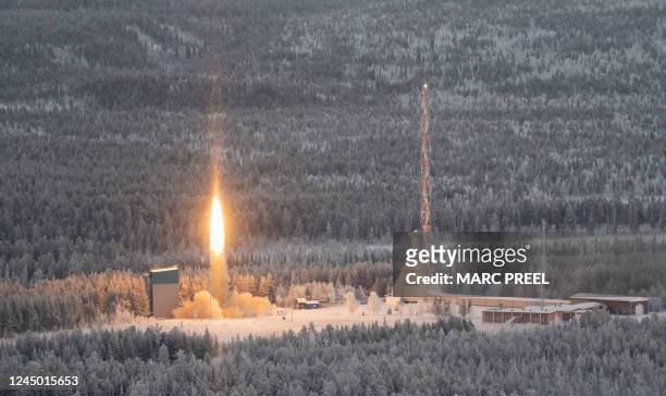 Picture taken on November 23, 2022 shows the launch of the "SubOrbital Express 3" suborbital rocket from the Esrange Space Center in Jukkasjärvi,...