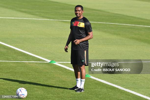 Cameroon Football Fderation president and former football star Samuel Eto'O takes part in a training session at the Al Sailiya SC in Doha on November...