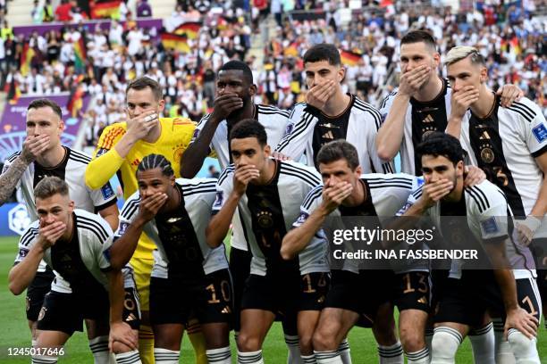 Germany's defender David Raum, goalkeeper Manuel Neuer, defender Antonio Ruediger, midfielder Kai Havertz, defender Niklas Suele and defender Nico...