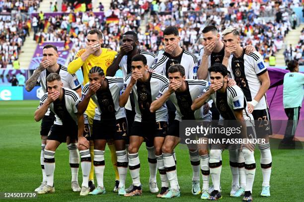 Germany's defender David Raum, goalkeeper Manuel Neuer, defender Antonio Ruediger, midfielder Kai Havertz, defender Niklas Suele and defender Nico...