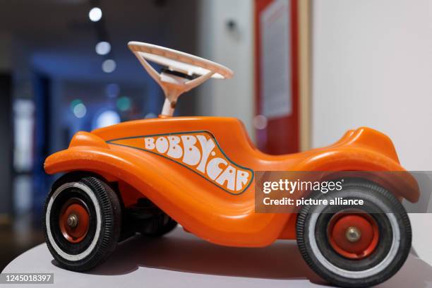 November 2022, Bavaria, Fürth: A Bobby-Car from 1972, the year it was created, is on display in the exhibition "50 Years of the Big Bobby-Car - The...