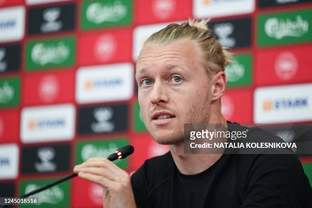 Denmark's defender Simon Kjaer gives a press conference at the Al Sailiya SC in Ar-Rayyan on November 23 during the Qatar 2022 World Cup football...
