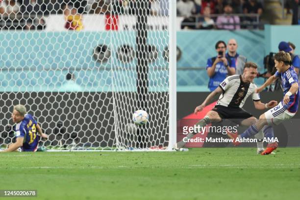 Ritsu Doan of Japan scores a goal to make it 1-1 during the FIFA World Cup Qatar 2022 Group E match between Germany and Japan at Khalifa...