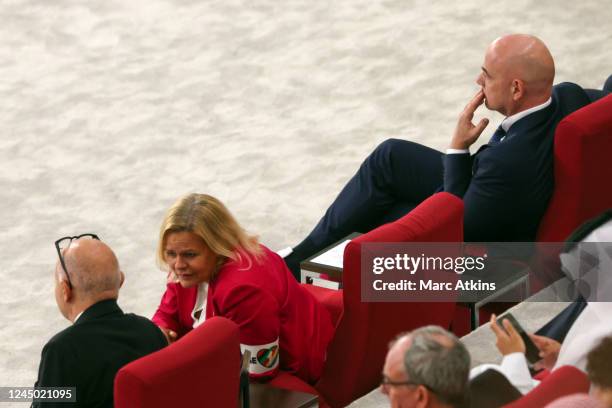 German Interior Minister Nancy Faeser wearing a One Love armband next to FIFA President Gianni Infantino during the FIFA World Cup Qatar 2022 Group E...