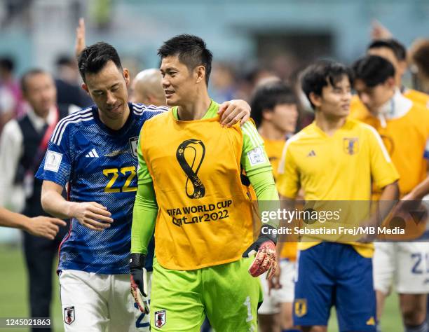 Maya Yoshida and Japan goalkeeper Eiji Kawashima after the FIFA World Cup Qatar 2022 Group E match between Germany and Japan at Khalifa International...