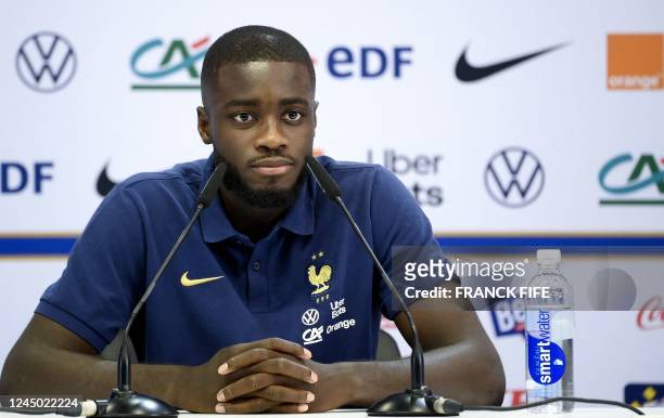 France's defender Dayot Upamecano holds a press conference at the Jassim-bin-Hamad Stadium in Doha on November 23 during the Qatar 2022 World Cup...