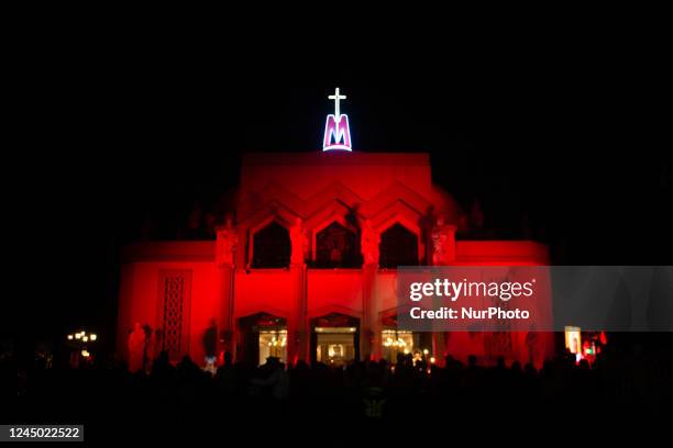 An International Marian Shrine turns red during the observance of Red Wednesday in Antipolo City, Philippines on November 23, 2022. Red Wednesday is...