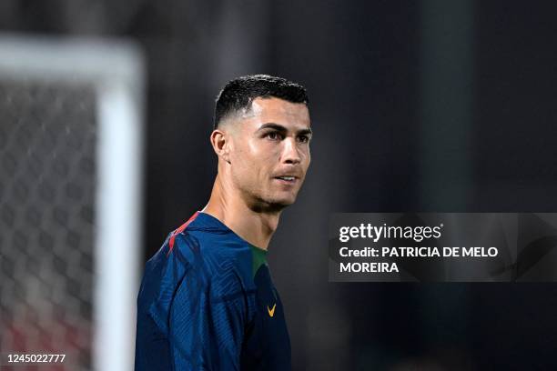 Portugal's forward Cristiano Ronaldo takes part in a training session at Al Shahania SC, northwest of Doha on November 23 on the eve of the Qatar...