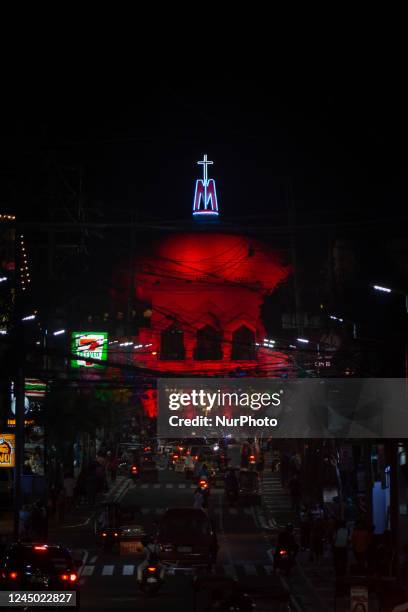 An International Marian Shrine turns red during the observance of Red Wednesday in Antipolo City, Philippines on November 23, 2022. Red Wednesday is...