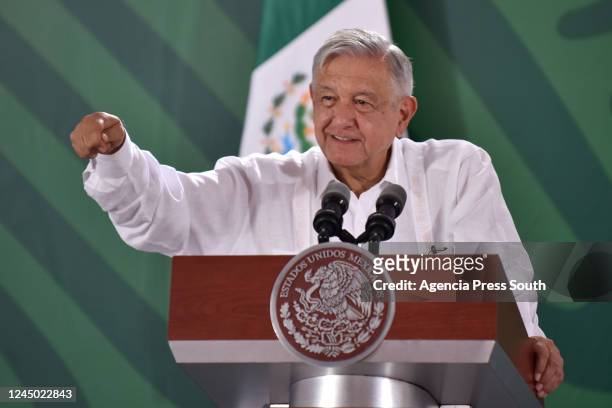 President of Mexico Andrés Manuel López Obrador speaks during the daily briefing on November 23, 2022 in Manzanillo, Mexico.