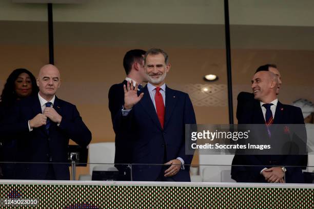 President Gianni Infantino King of Spain Felipe VI, President of the Spanish Federation Luis Rubiales during the World Cup match between Spain v...